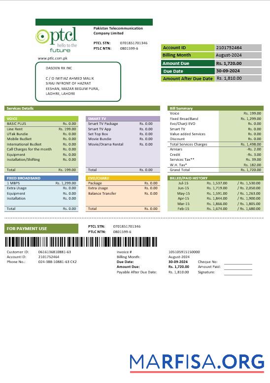 Printable Pakistan PTCL business utility bill template in Word and PDF formats